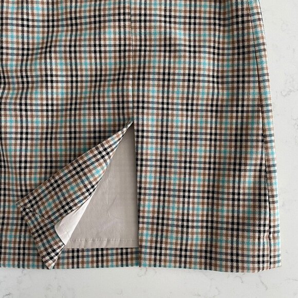RW&CO. Stretch Lining Plaid Mini Skirt w Front Slit Turquoise Blue Blk Tan Sz 2 - Picture 2 of 10